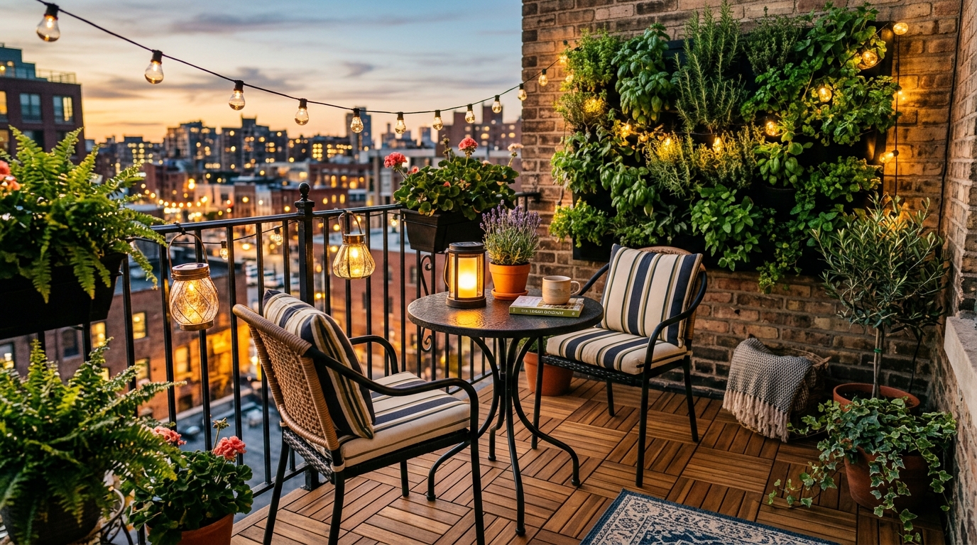 Architecturally landscaped patio with outdoor seating, dining table, pergola, and warm evening lighting