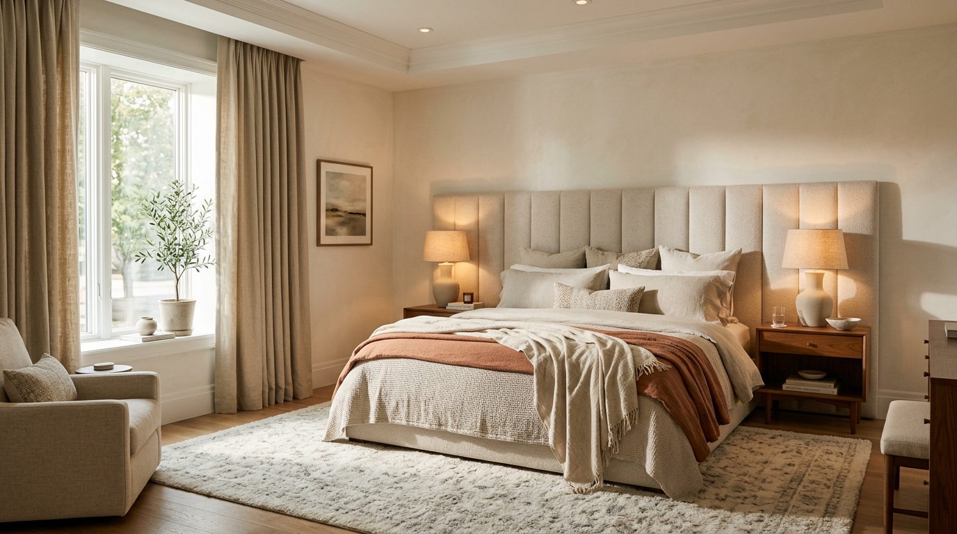 Curated master bedroom showcasing distinct design styles and layered natural textures