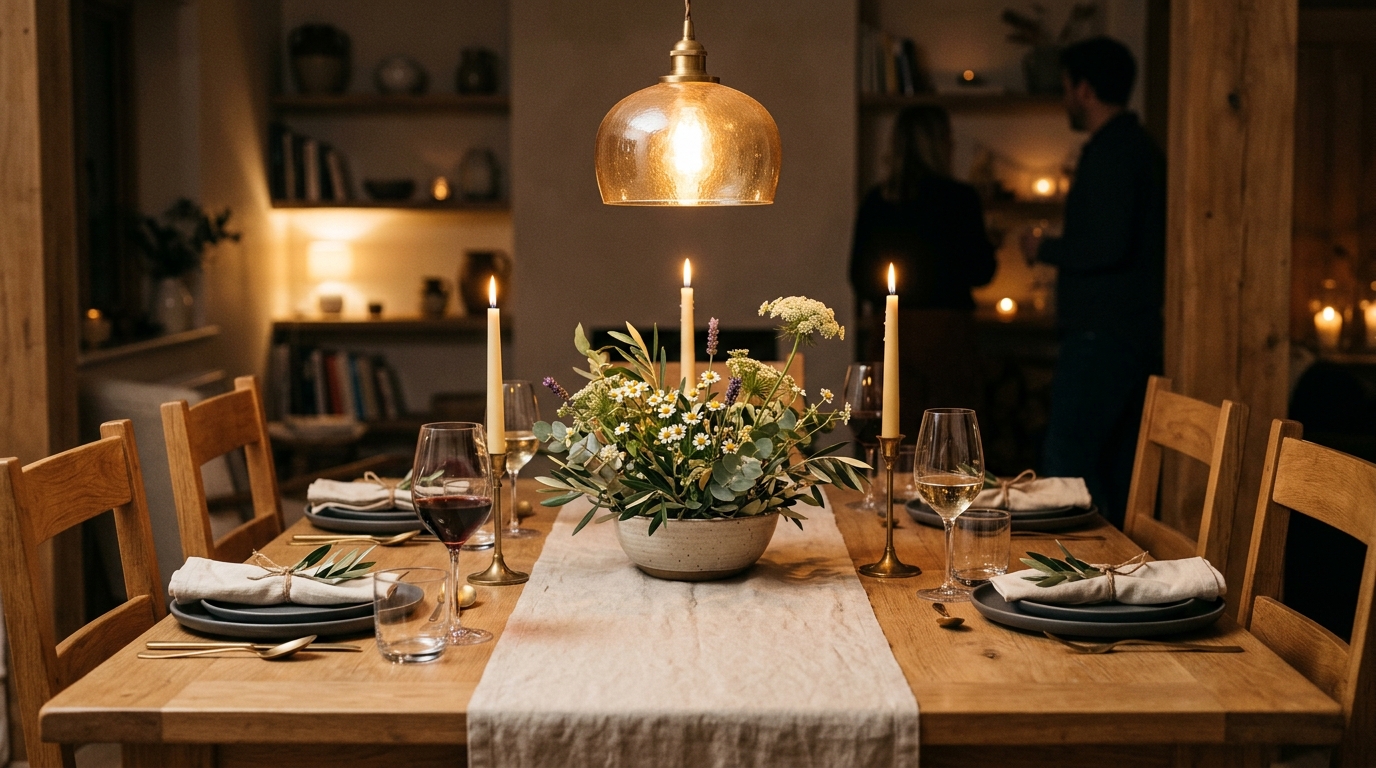 Beautifully styled dining table with linen runner, ceramic bowl centerpiece under 12 inches, and taper candles
