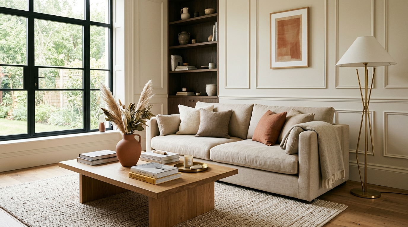 Curated interior materials palette flatlay showing solid oak, honed marble, brushed brass, boucle wool, and linen swatches