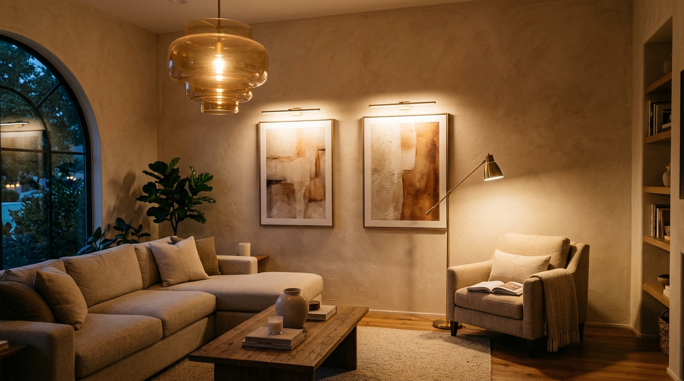 Architectural living room with layered ambient ceiling cove, task reading floor lamp, and accent picture sconces