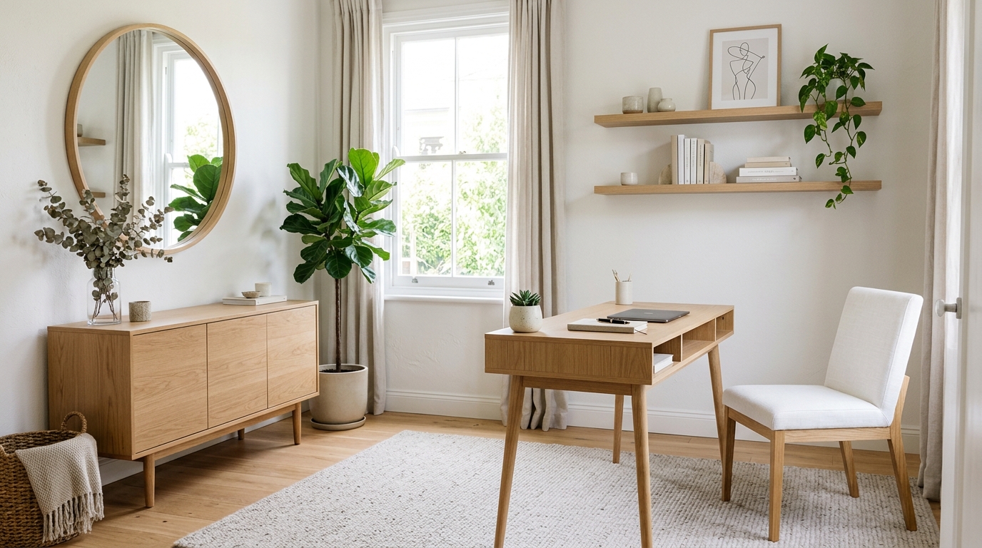 Bright compact studio apartment decorated with multifunctional furniture and vertical shelving
