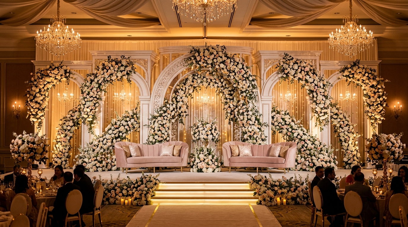 Grand wedding venue decorated with floral stage backdrop, ambient uplighting, and elegant aisle runner